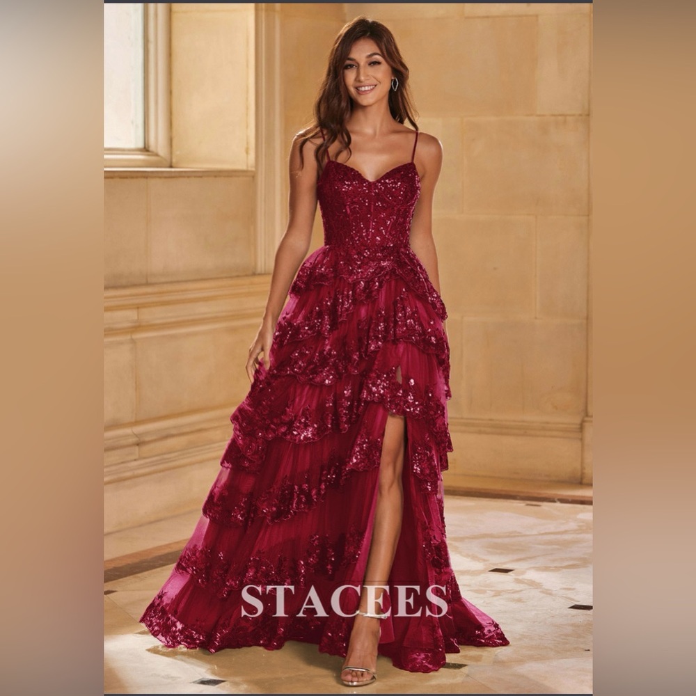 NWT- Stacees Women's Burgundy Sequin Ruffled Evening Dress